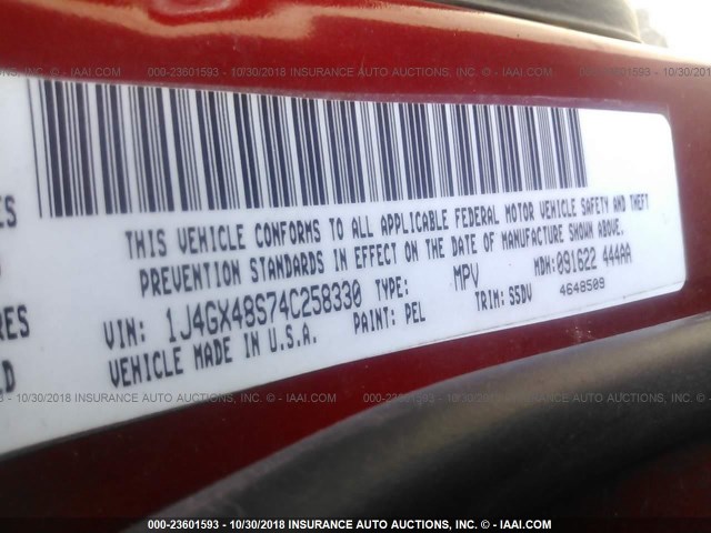 1J4GX48S74C258330 - 2004 JEEP GRAND CHEROKEE LAREDO/COLUMBIA/FREEDOM 红色 照片 9
