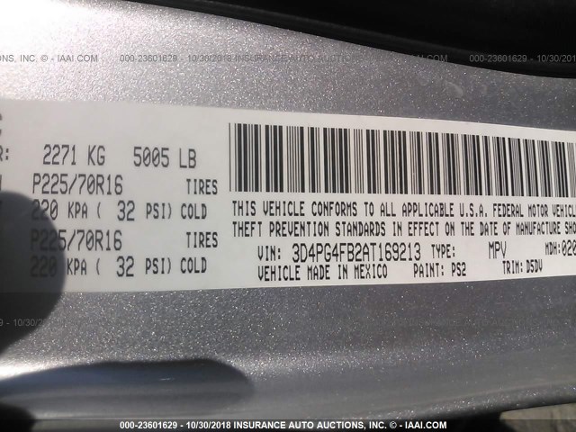 3D4PG4FB2AT169213 - 2010 DODGE JOURNEY SE SILVER photo 9