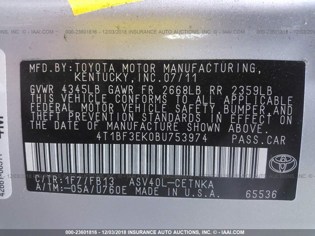 4T1BF3EK0BU753974 - 2011 TOYOTA CAMRY SE/LE/XLE 银色 照片 9
