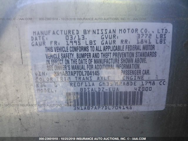 3N1AB7AP7DL704145 - 2013 NISSAN SENTRA S/SV/SR/SL GRAY photo 9