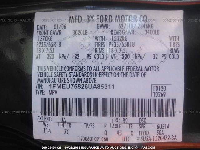 1FMEU75826UA85311 - 2006 FORD EXPLORER LIMITED BLACK photo 9