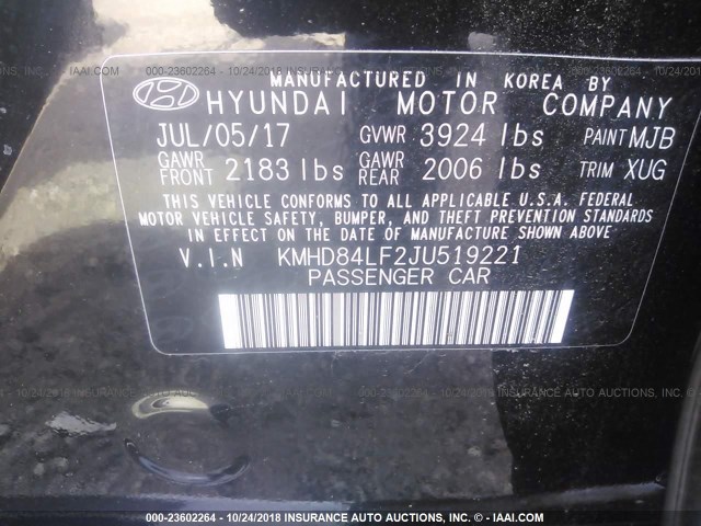 KMHD84LF2JU519221 - 2018 HYUNDAI ELANTRA SEL/VALUE/LIMITED BLACK photo 9