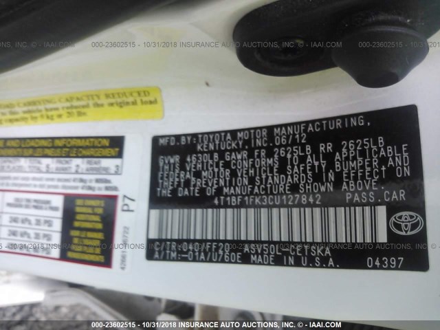 4T1BF1FK3CU127842 - 2012 TOYOTA CAMRY SE/LE/XLE WHITE photo 9