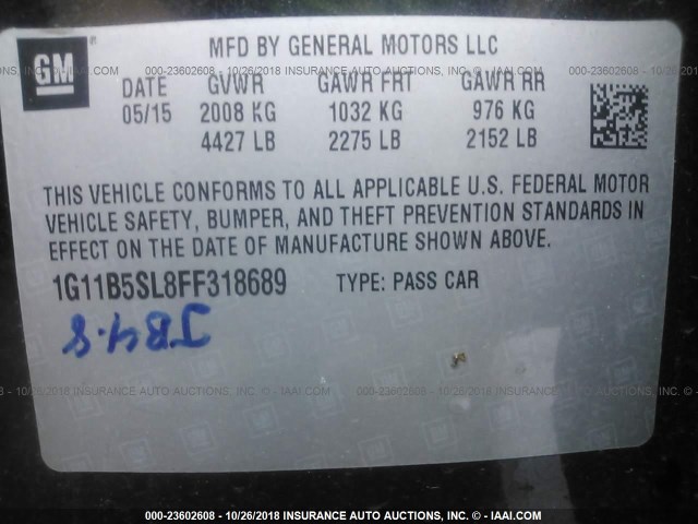 1G11B5SL8FF318689 - 2015 CHEVROLET MALIBU LS 灰色 照片 9