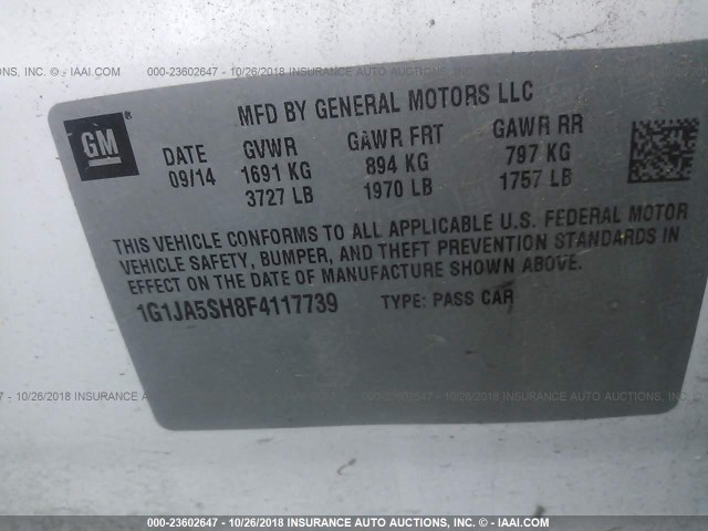 1G1JA5SH8F4117739 - 2015 CHEVROLET SONIC LS WHITE photo 9