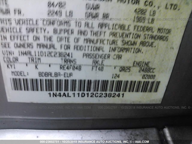 1N4AL11D12C238241 - 2002 NISSAN ALTIMA S/SL SILVER photo 9