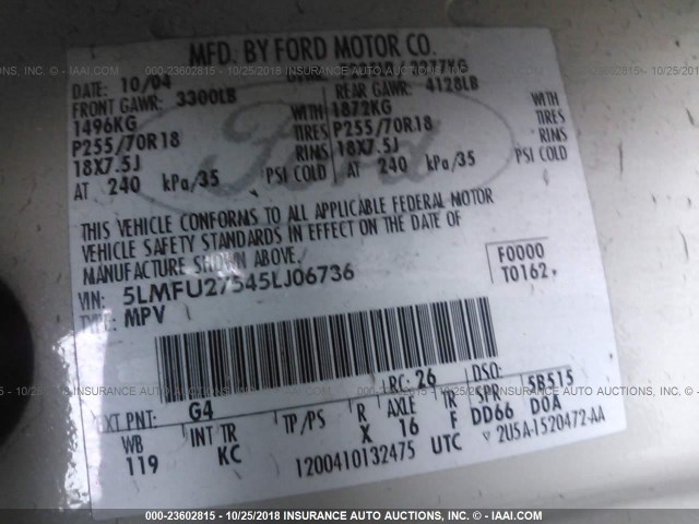 5LMFU27545LJ06736 - 2005 LINCOLN NAVIGATOR Ақ фото 9