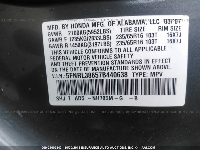 5FNRL38657B440638 - 2007 HONDA ODYSSEY EXL GRAY photo 9