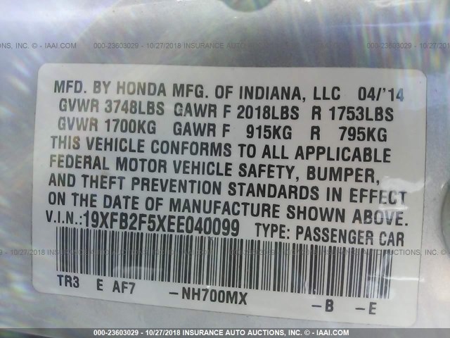 19XFB2F5XEE040099 - 2014 HONDA CIVIC LX SILVER photo 9