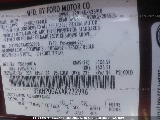 3FAHP0GAXAR232996 - 2010 FORD FUSION S RED photo 9