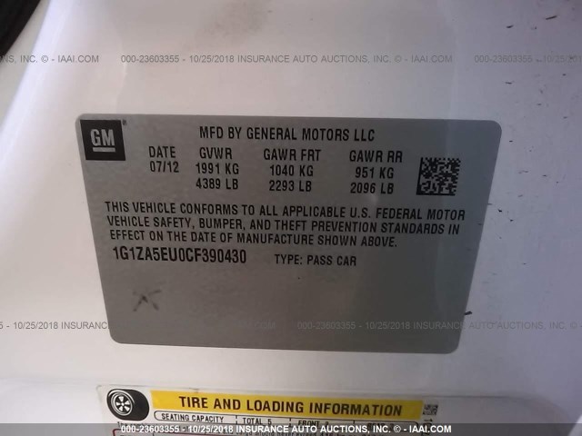 1G1ZA5EU0CF390430 - 2012 CHEVROLET MALIBU LS 白色 照片 9