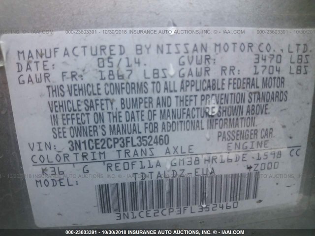 3N1CE2CP3FL352460 - 2015 NISSAN VERSA NOTE S/S PLUS/SV/SL/SR GRAY photo 9