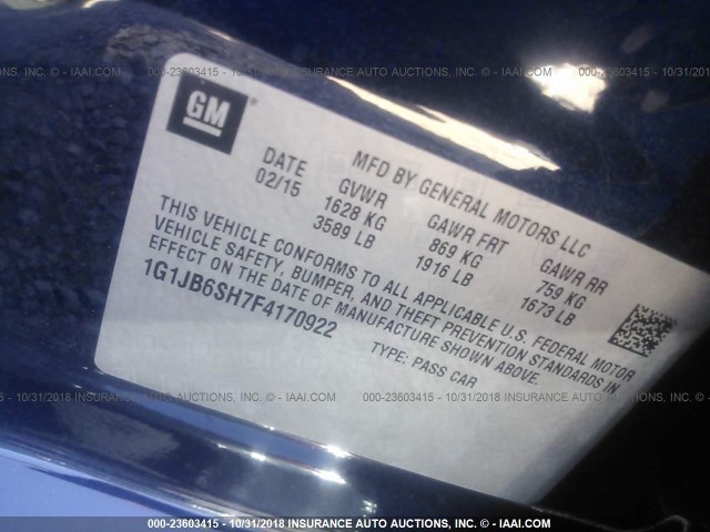 1G1JB6SH7F4170922 - 2015 CHEVROLET SONIC LS 蓝色 照片 9