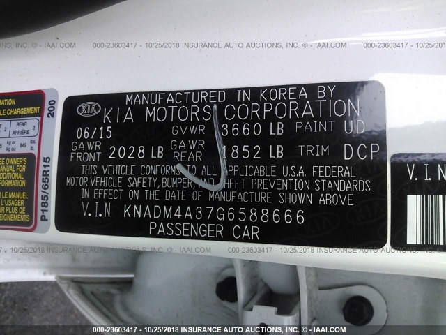 KNADM4A37G6588666 - 2016 KIA RIO LX WHITE photo 9