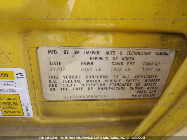 KL1TD56638B063594 - 2008 CHEVROLET AVEO LS YELLOW photo 9