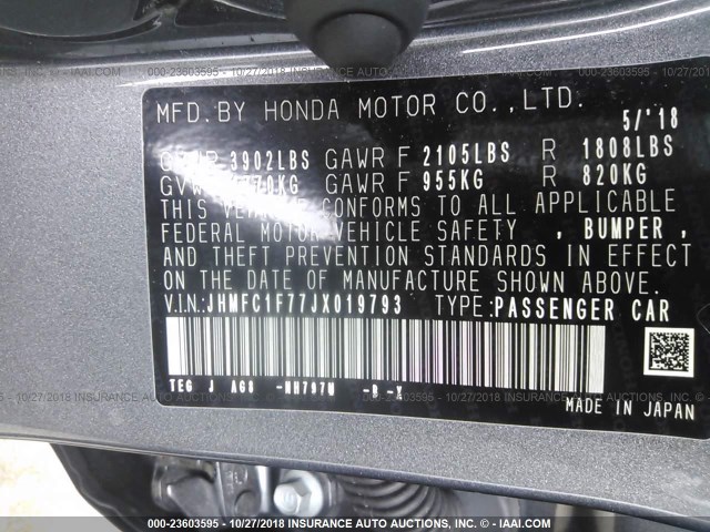 JHMFC1F77JX019793 - 2018 HONDA CIVIC EXL GRAY photo 9