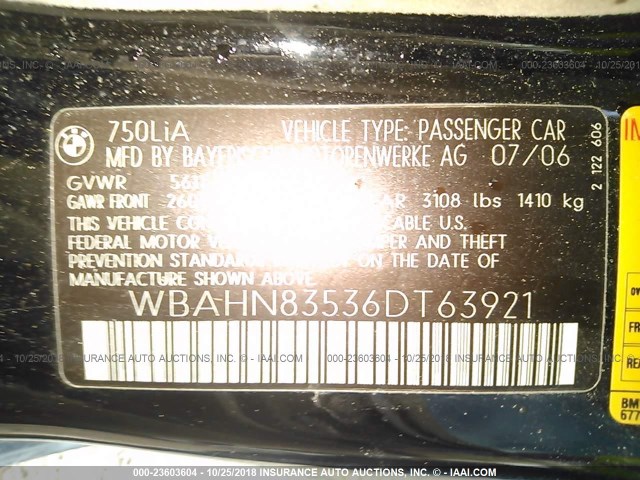 WBAHN83536DT63921 - 2006 BMW 750 LI BLACK photo 9