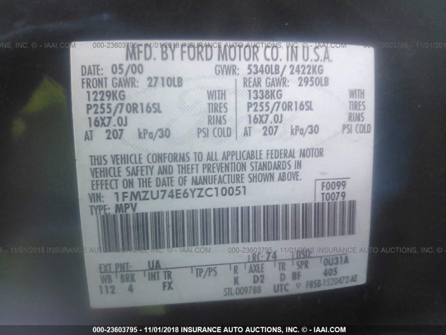 1FMZU74E6YZC10051 - 2000 FORD EXPLORER EDDIE BAUER BLACK photo 9