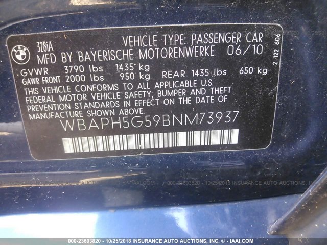 WBAPH5G59BNM73937 - 2011 BMW 328 I SULEV BLUE photo 9