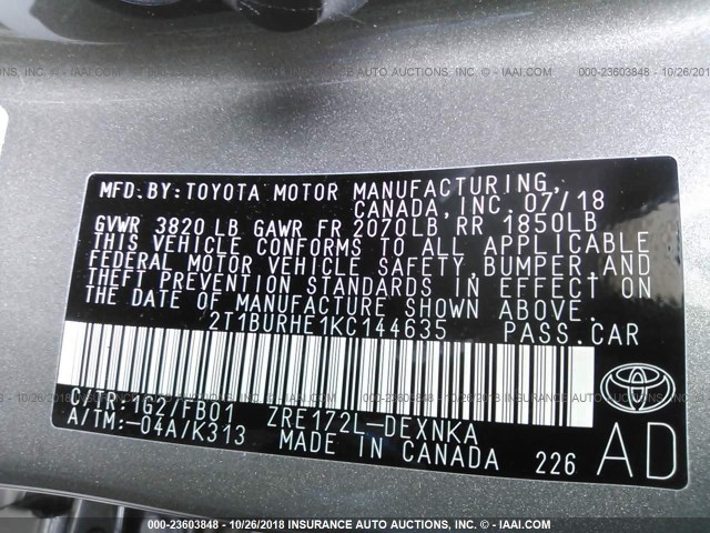 2T1BURHE1KC144635 - 2019 TOYOTA COROLLA L/LE/XLE/SE/XSE 棕色 照片 9