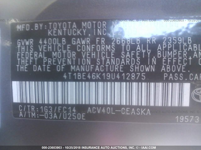 4T1BE46K19U412875 - 2009 TOYOTA CAMRY SE/LE/XLE GRAY photo 9