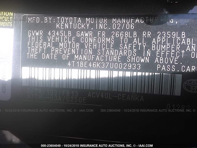 4T1BE46K37U002933 - 2007 TOYOTA CAMRY NEW GENERAT CE/LE/XLE/SE BLACK photo 9