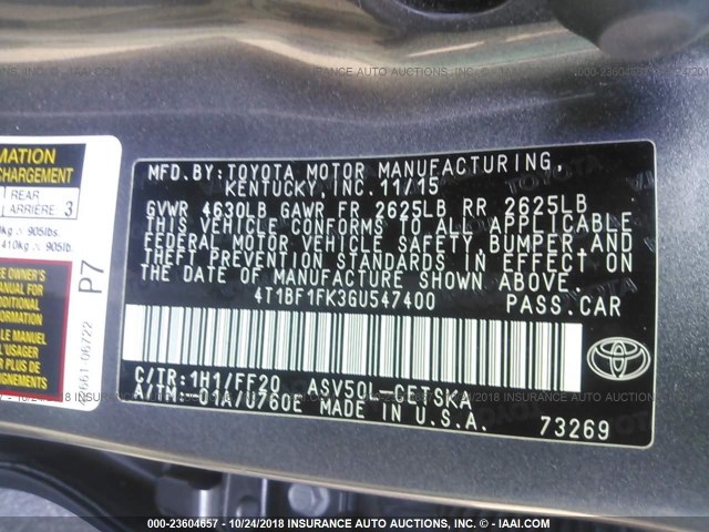 4T1BF1FK3GU547400 - 2016 TOYOTA CAMRY LE/XLE/SE/XSE GRAY photo 9