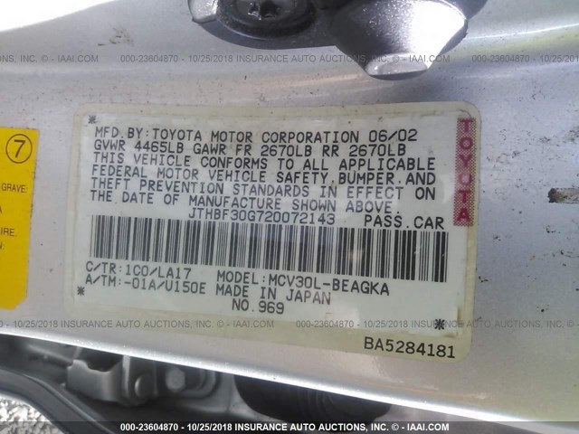 JTHBF30G720072143 - 2002 LEXUS ES 300 SILVER photo 9