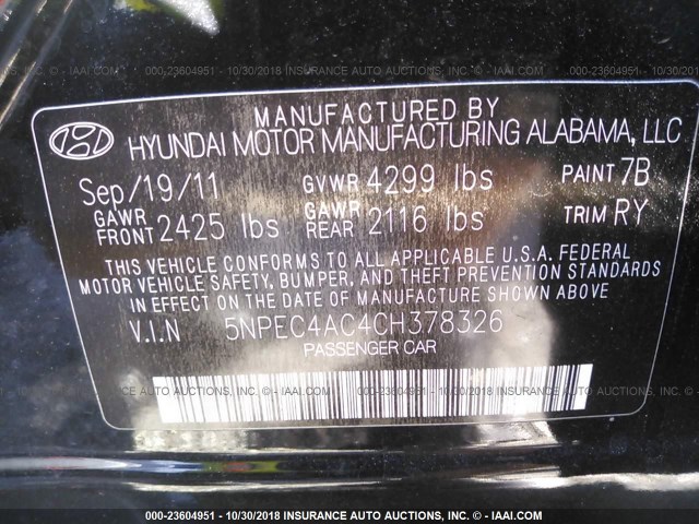 5NPEC4AC4CH378326 - 2012 HYUNDAI SONATA SE/LIMITED BLACK photo 9