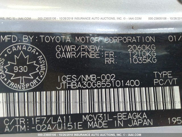 JTHBA30G855101400 - 2005 LEXUS ES 330 SILVER photo 9