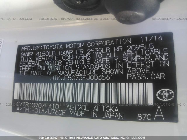 JTKJF5C73FJ003561 - 2015 TOYOTA SCION TC 白色 照片 9