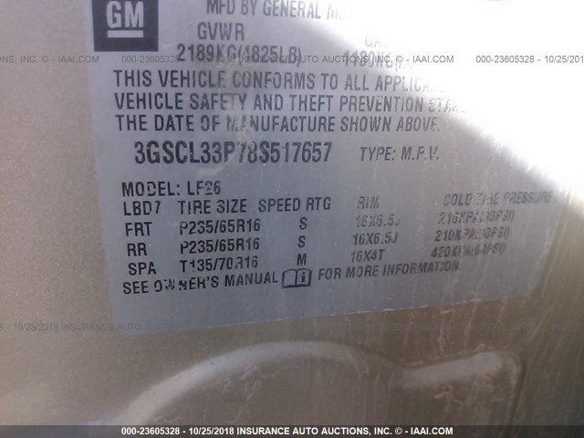 3GSCL33P78S517657 - 2008 SATURN VUE XE GOLD photo 9