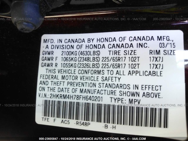 2HKRM4H78FH640201 - 2015 HONDA CR-V EXL BURGUNDY photo 9