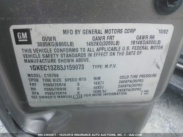 1GKEC13Z83J159073 - 2003 GMC YUKON GOLD photo 9