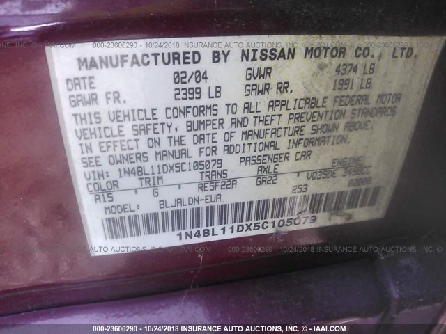 1N4BL11DX5C105079 - 2005 NISSAN ALTIMA SE/SL/SE-R RED photo 9