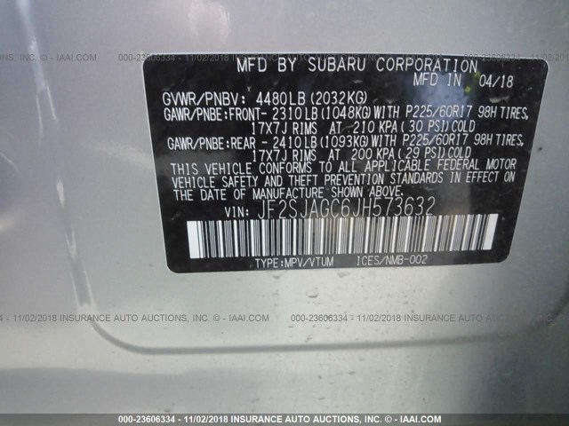 JF2SJAGC6JH573632 - 2018 SUBARU FORESTER 2.5I PREMIUM SILVER photo 9