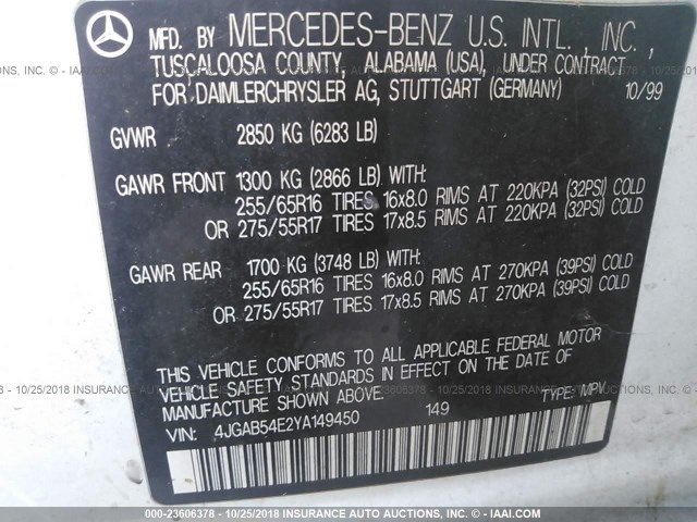 4JGAB54E2YA149450 - 2000 MERCEDES-BENZ ML 320 WHITE photo 9