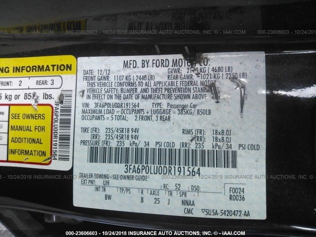 3FA6P0LU0DR191564 - 2013 FORD FUSION SE HYBRID BLACK photo 9