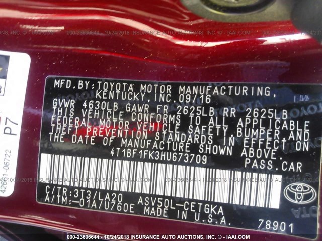 4T1BF1FK3HU673709 - 2017 TOYOTA CAMRY LE/XLE/SE/XSE RED photo 9