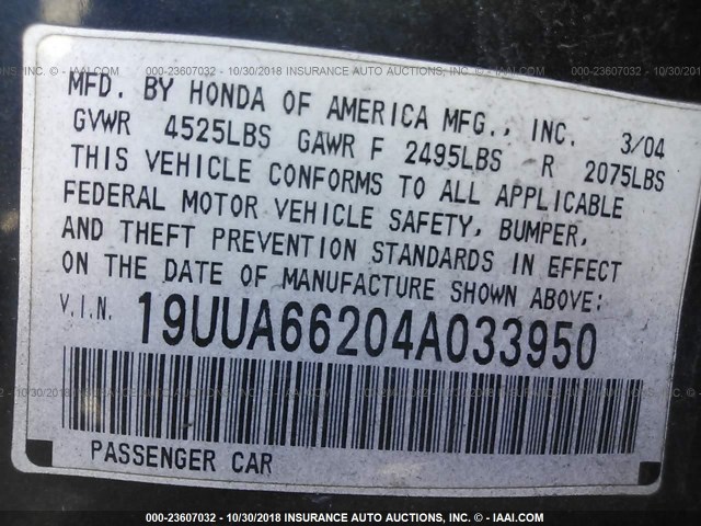 19UUA66204A033950 - 2004 ACURA TL BLUE photo 9