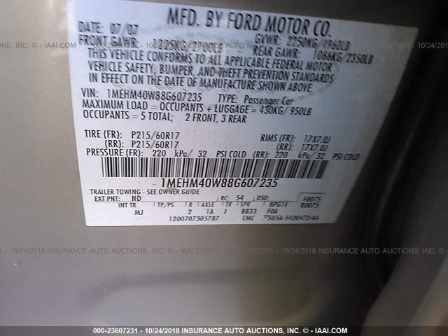 1MEHM40W88G607235 - 2008 MERCURY SABLE LUXURY TAN photo 9