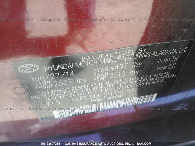 5NPE34AF2FH072692 - 2015 HYUNDAI SONATA SPORT/LIMITED RED photo 9