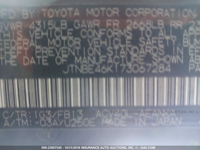 JTNBE46K173067284 - 2007 TOYOTA CAMRY NEW GENERAT CE/LE/XLE/SE GRAY photo 9