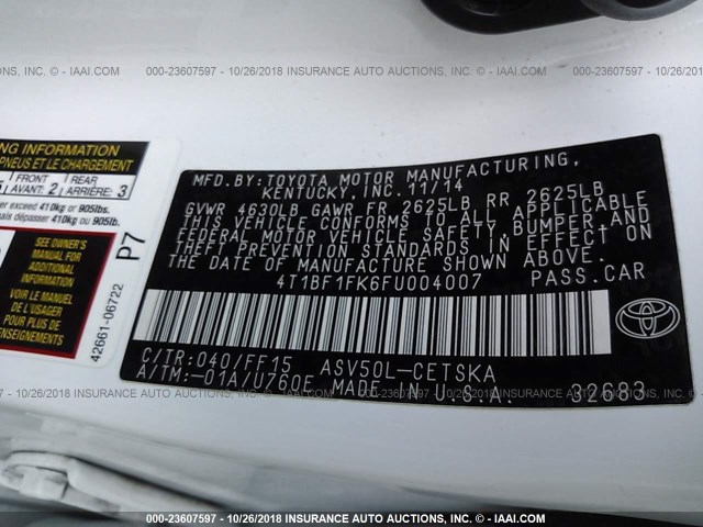 4T1BF1FK6FU004007 - 2015 TOYOTA CAMRY LE/XLE/SE/XSE WHITE photo 9