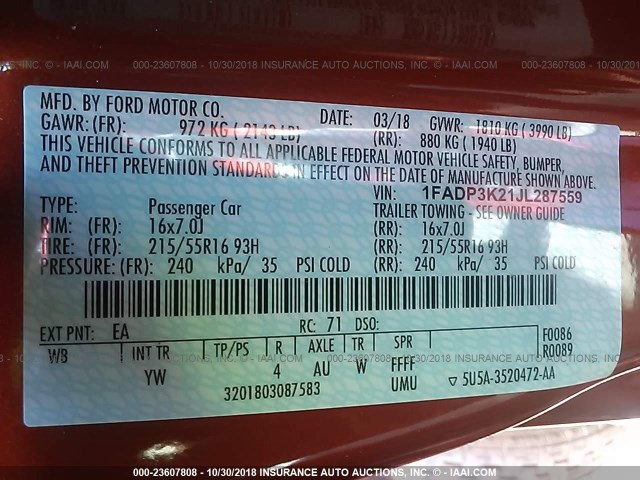 1FADP3K21JL287559 - 2018 FORD FOCUS SE ORANGE photo 9