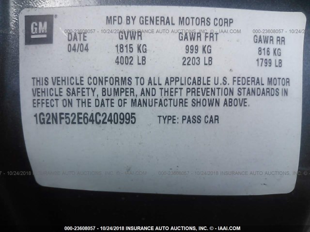 1G2NF52E64C240995 - 2004 PONTIAC GRAND AM SE1 GRAY photo 9