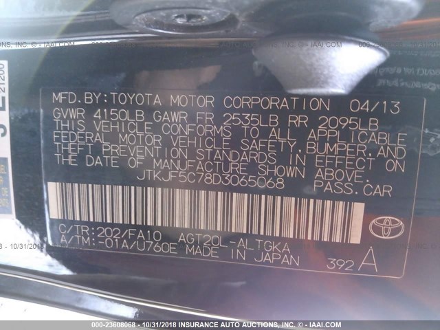 JTKJF5C78D3065068 - 2013 TOYOTA SCION TC 黑色 照片 9