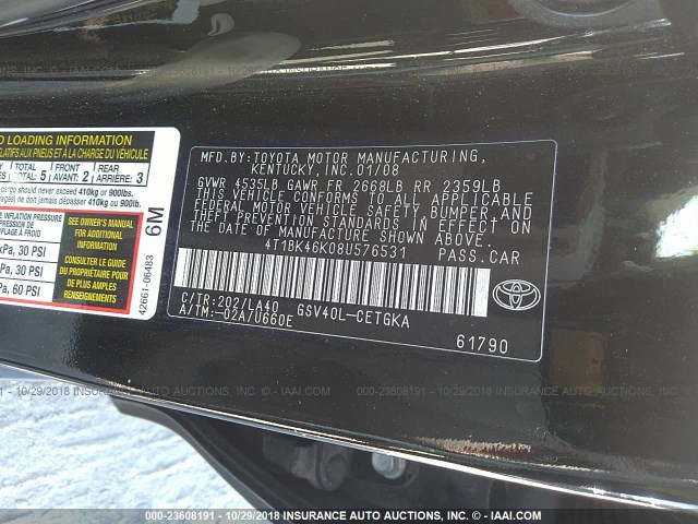 4T1BK46K08U576531 - 2008 TOYOTA CAMRY LE/XLE/SE BLACK photo 9