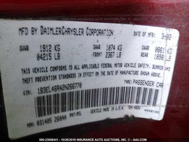 1B3EL46R42N266770 - 2002 DODGE STRATUS SE PLUS RED photo 9