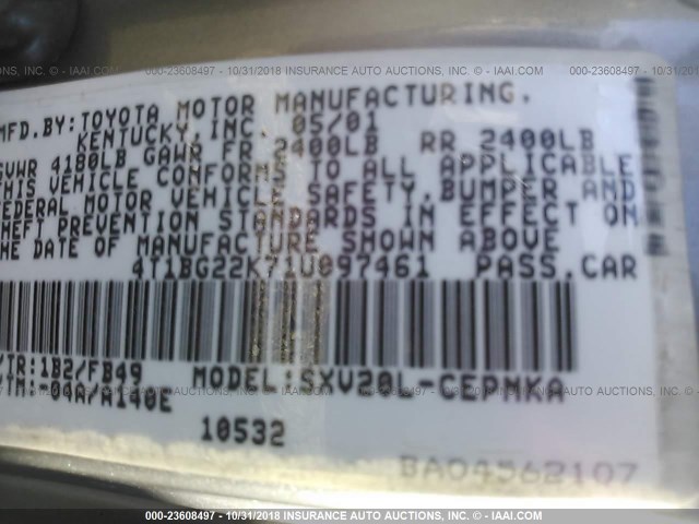 4T1BG22K71U097461 - 2001 TOYOTA CAMRY CE/LE/XLE 锡色 照片 9